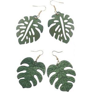 2 Pairs Natural Wooden Monstera Leaves Stud Earrings - Tropical Handmade Ethnic